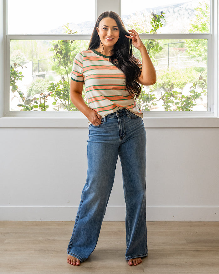 NEW! Shauna Contrast Striped Top - Coral & Olive Staccato