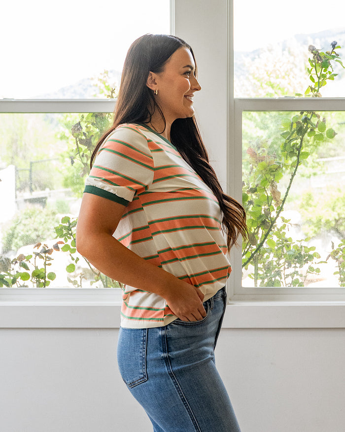 NEW! Shauna Contrast Striped Top - Coral & Olive Staccato