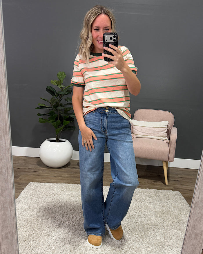 NEW! Shauna Contrast Striped Top - Coral & Olive Staccato