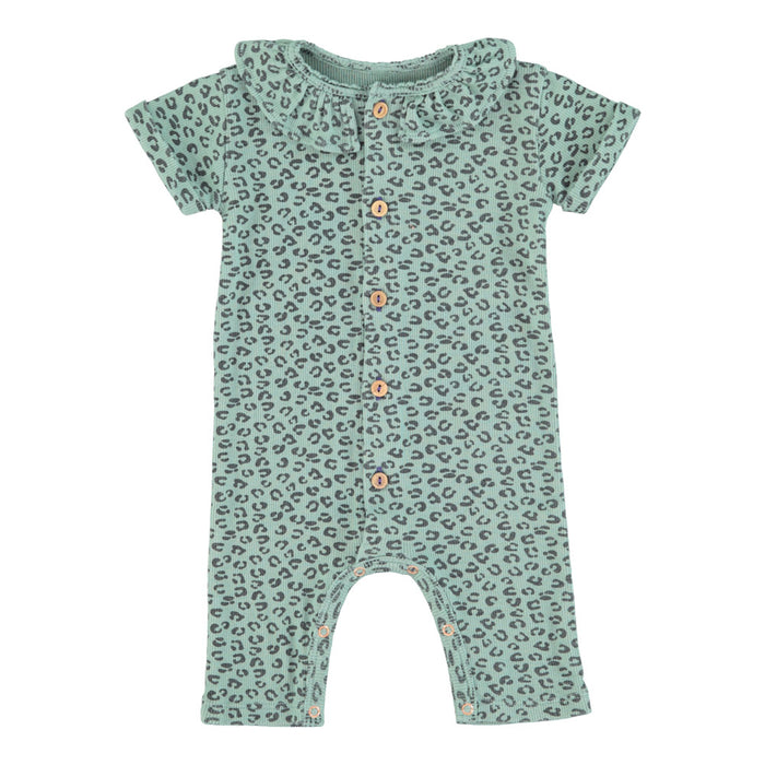 Newborn short sleeve babygrow w/ collar | green w/ animal print
