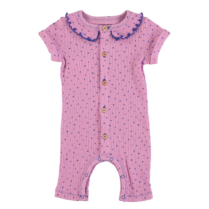 newborn short sleeve babygrow w/ collar | lavender w/ blue little stars