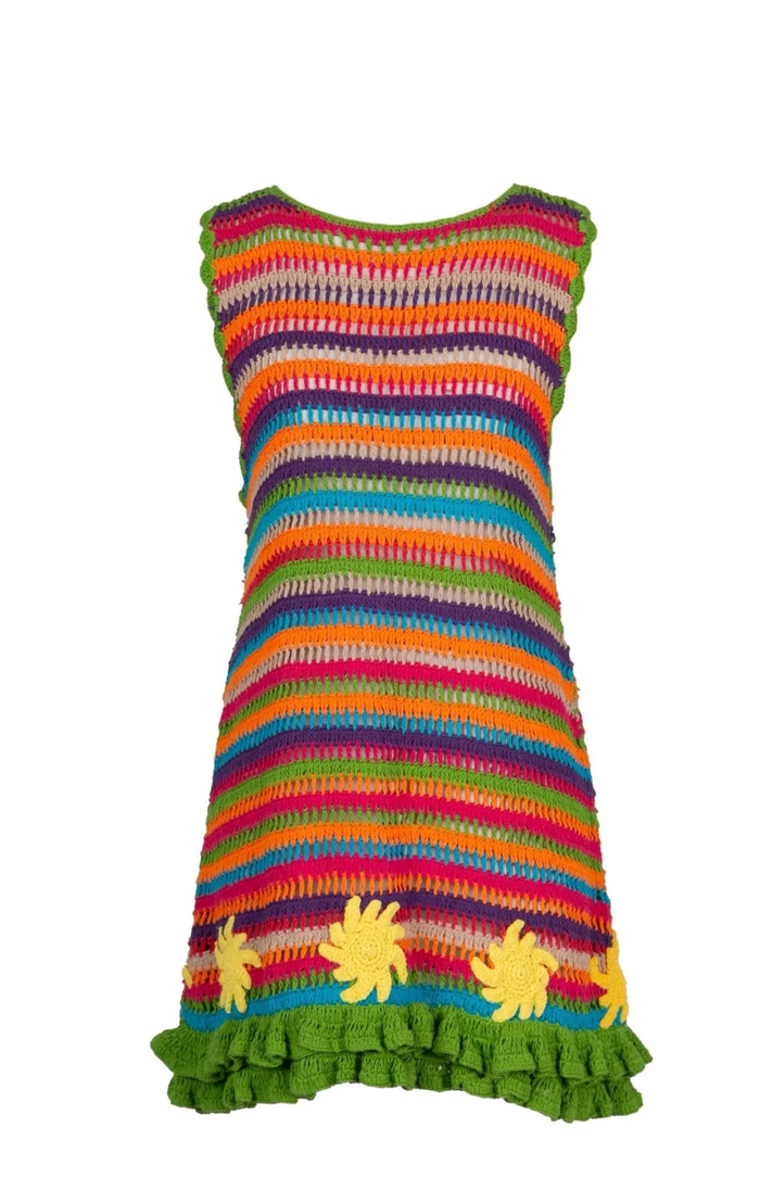 Colorful striped dress with ruffled hem and sun designs on a white background