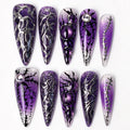 Noir Arachnid handmade long stiletto press on nails, purple clear gradient black silver spider web gothic Halloween false nails