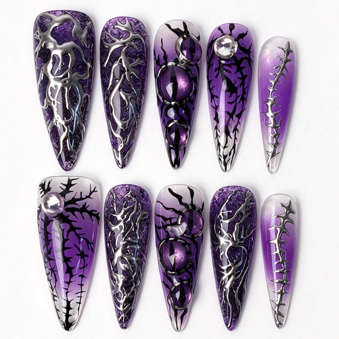 Noir Arachnid handmade long stiletto press on nails, purple clear gradient black silver spider web gothic Halloween false nails