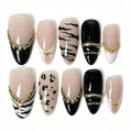 Handmade almond press on nails, nude pink French tip zebra leopard gold chain false nails for women