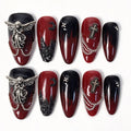 Noir Seraph handmade almond press on nails, red black gradient silver angel wing cross pearl chain gothic Halloween