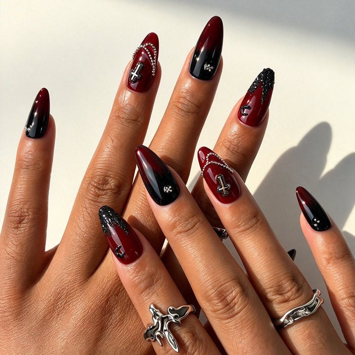 Handcrafted almond press on nails, romantic goth Halloween angel wing nail design