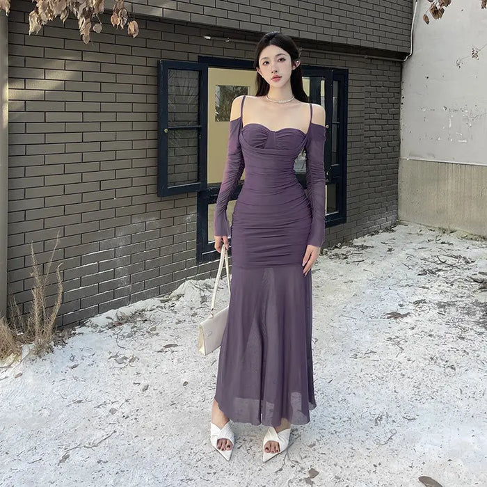 Off Shoulder Mesh Layers Mermaid Dress fashionnsio