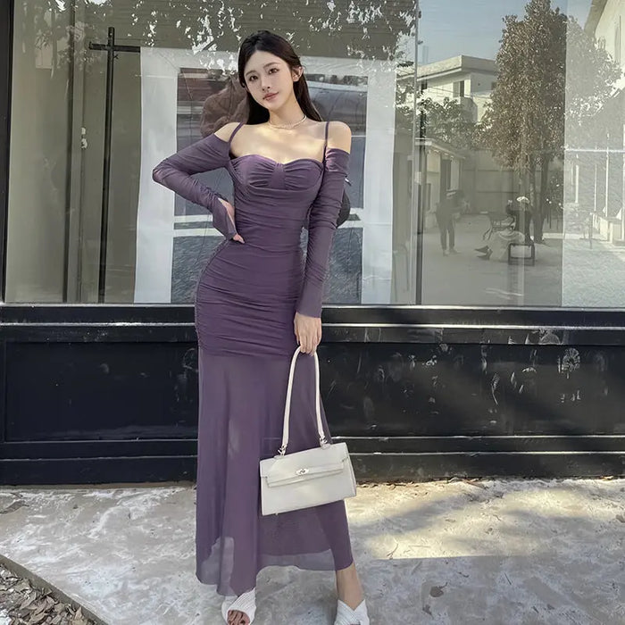 Off Shoulder Mesh Layers Mermaid Dress fashionnsio