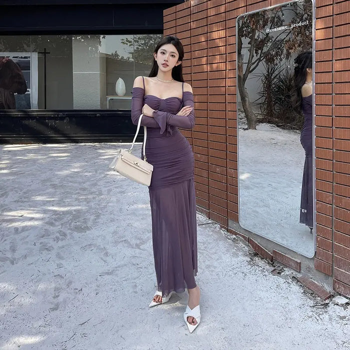 Off Shoulder Mesh Layers Mermaid Dress fashionnsio