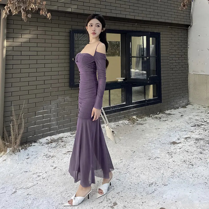 Off Shoulder Mesh Layers Mermaid Dress fashionnsio