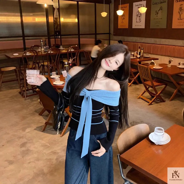 Off Shoulder Striped Knit Bow Top - Fashionnsio