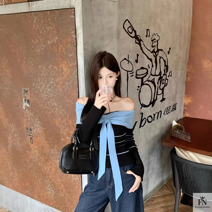 Off Shoulder Striped Knit Bow Top - Fashionnsio
