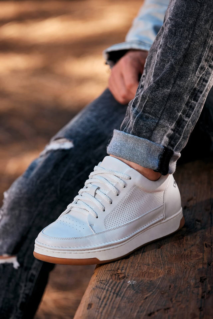 Off-White & Gum Sole Elevated Micro-Perforated Leather Sneakers - 2.6 Inches Taller - SARTORO