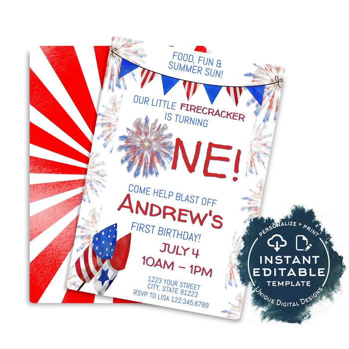 One Firecracker Birthday Invitation, Editable 4th of July First Birthday Invite, 1st Firework Chalkboard Template Printable INSTANT ACCESS