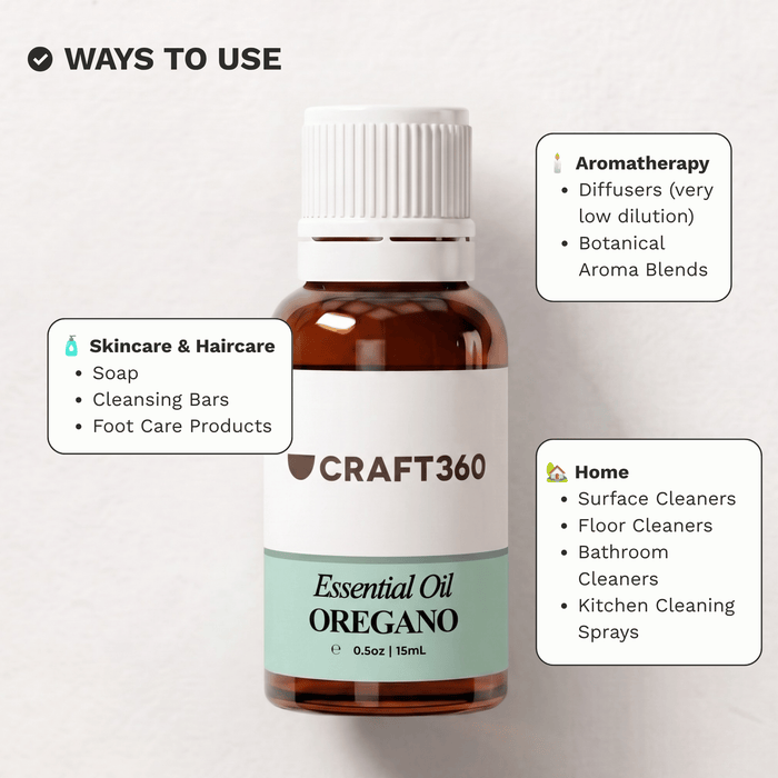Infographic showing common ways to use Oregano Essential Oil in aromatherapy, cleaning and DIY formulations.