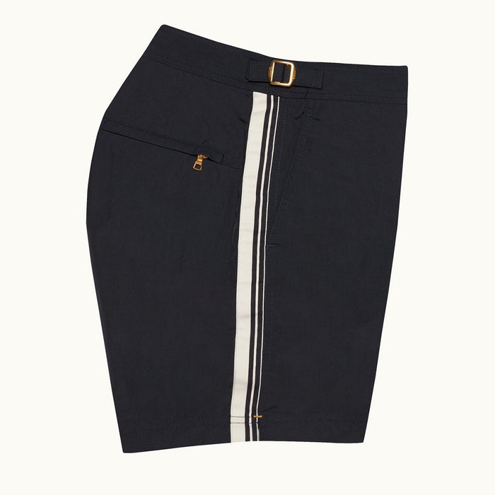 Orlebar Brown -  Bulldog Border Tape Swim Shorts in Navy - Nigel Clare