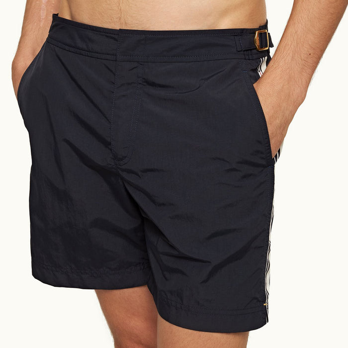 Orlebar Brown -  Bulldog Border Tape Swim Shorts in Navy - Nigel Clare