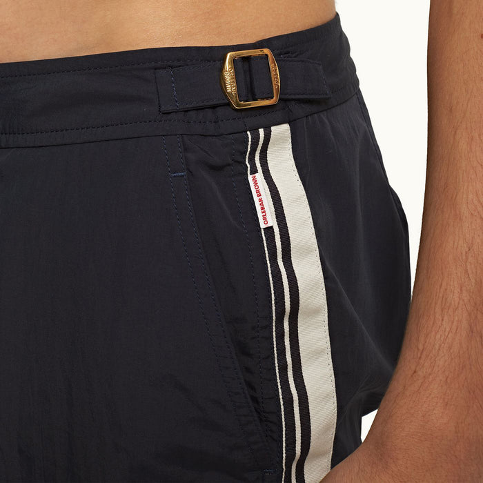 Orlebar Brown -  Bulldog Border Tape Swim Shorts in Navy - Nigel Clare