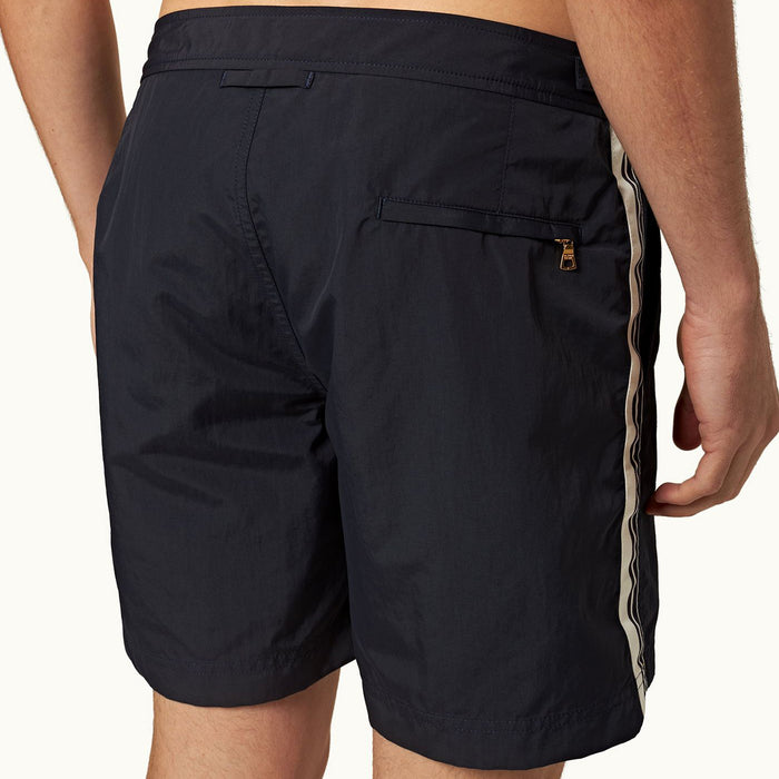 Orlebar Brown -  Bulldog Border Tape Swim Shorts in Navy - Nigel Clare
