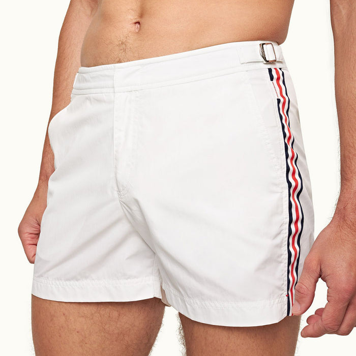 Orlebar Brown - Setter Tape Stripe Swim Shorts in White - Nigel Clare