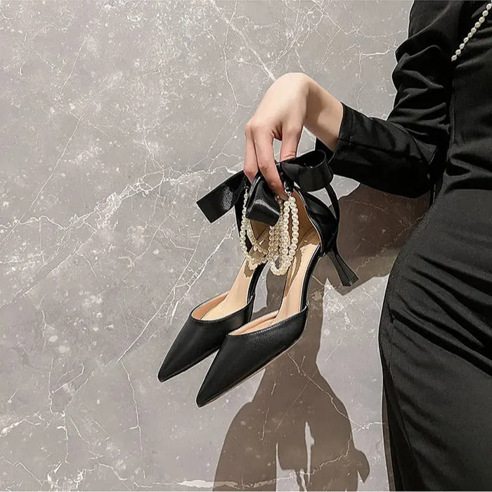 Pearl Chain Ribbon Bow Pointed Heels fashionnsio