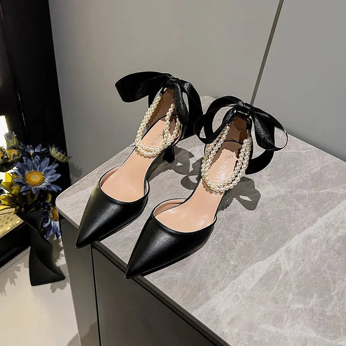 Pearl Chain Ribbon Bow Pointed Heels fashionnsio
