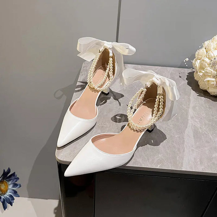 Pearl Chain Ribbon Bow Pointed Heels fashionnsio