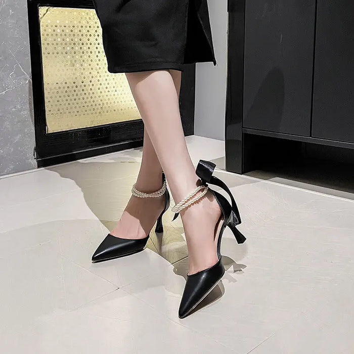 Pearl Chain Ribbon Bow Pointed Heels fashionnsio
