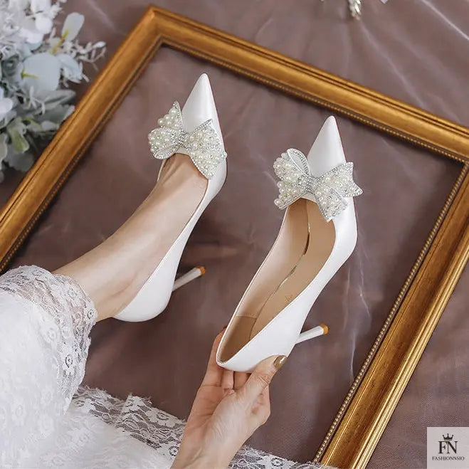 Pearl Diamond Bow Pointed Heels - Fashionnsio
