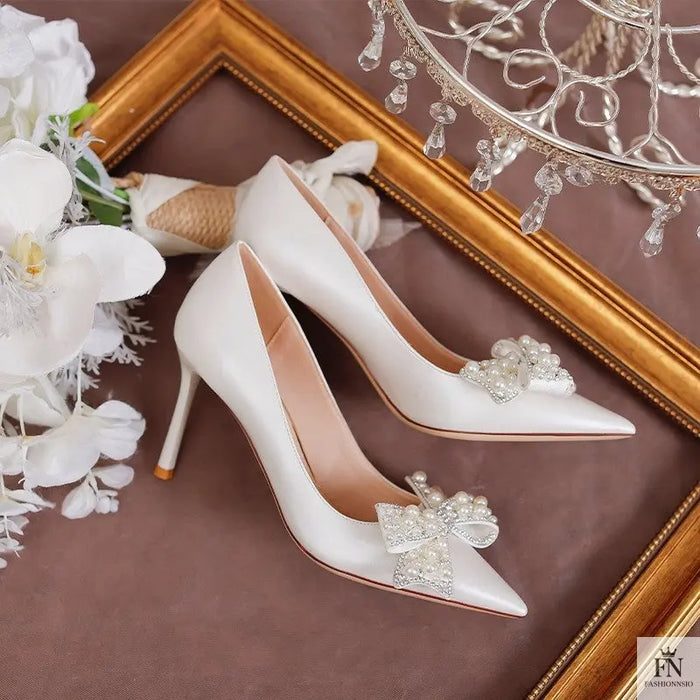 Pearl Diamond Bow Pointed Heels - Fashionnsio