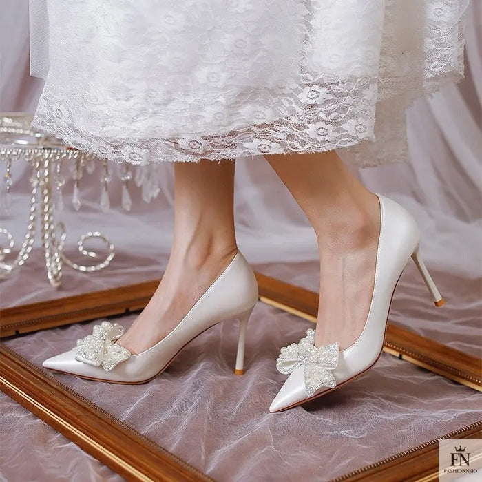 Pearl Diamond Bow Pointed Heels - Fashionnsio