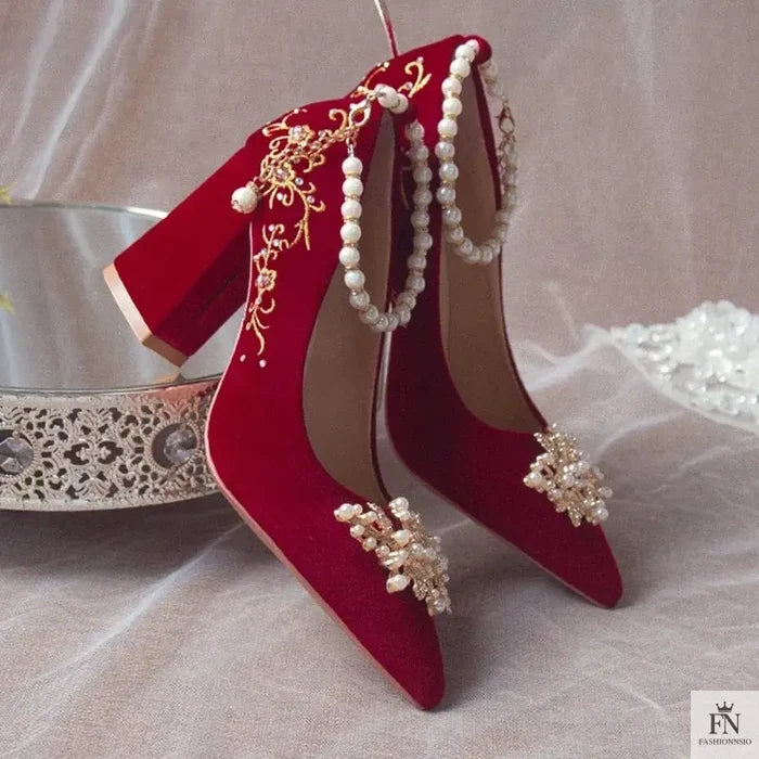 Pearl Embellishments Block Wedding Heels - Fashionnsio