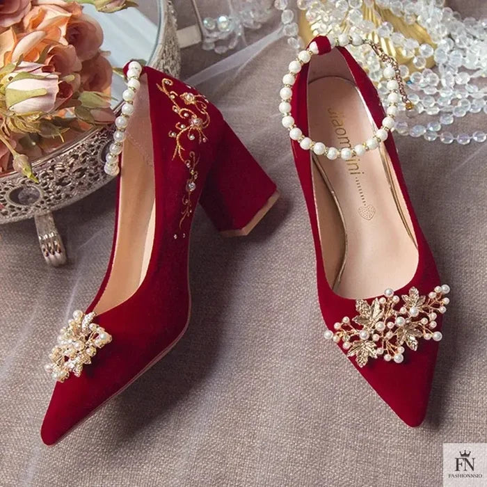 Pearl Embellishments Block Wedding Heels - Fashionnsio