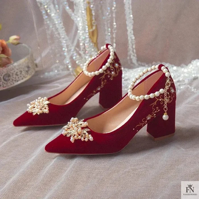 Pearl Embellishments Block Wedding Heels - Fashionnsio