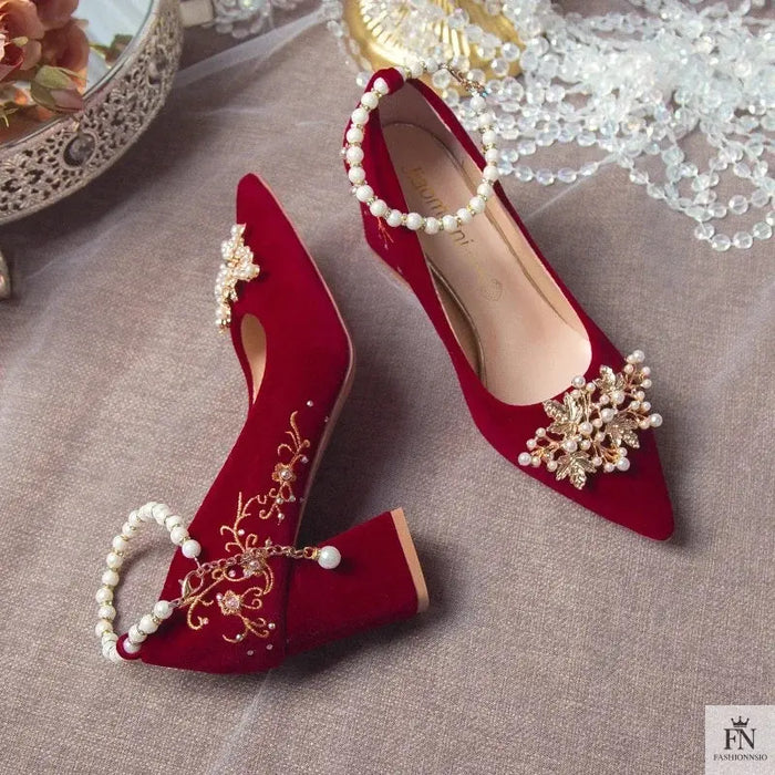 Pearl Embellishments Block Wedding Heels - Fashionnsio
