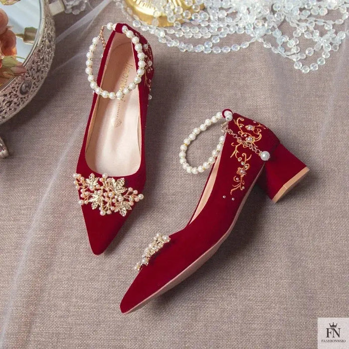 Pearl Embellishments Block Wedding Heels - Fashionnsio
