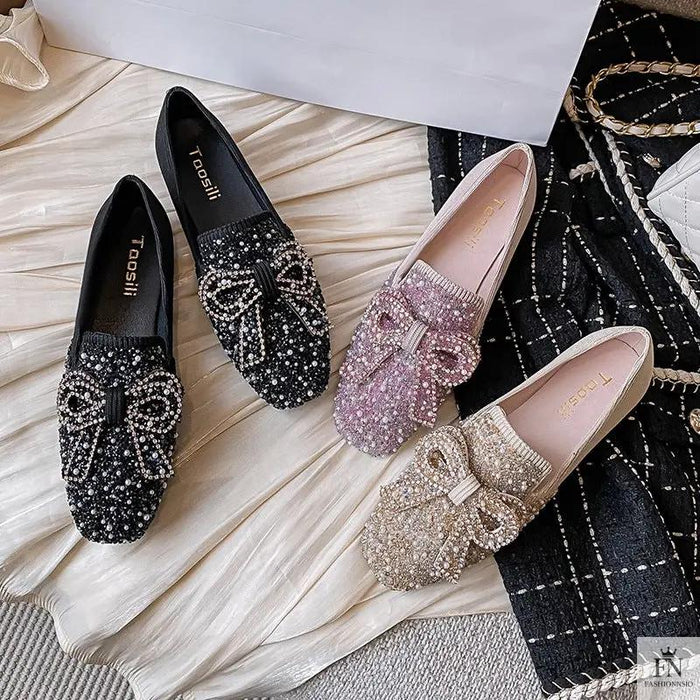 Pearl Embroidered Bow Flats - Fashionnsio