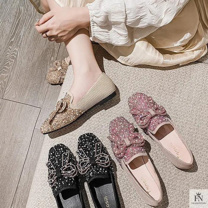 Pearl Embroidered Bow Flats - Fashionnsio