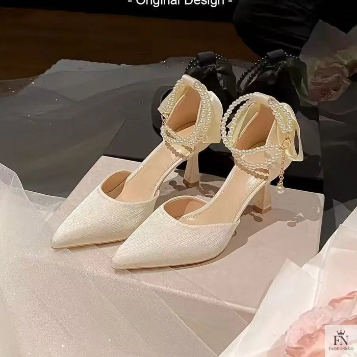 Pearl Strap Fairy Bow Heels - Fashionnsio