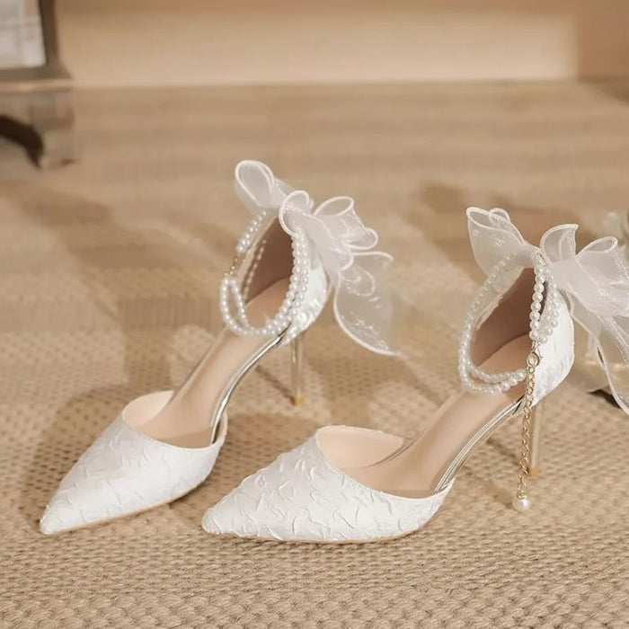 Pearl Strap Ribbon Bow Heels - Fashionnsio