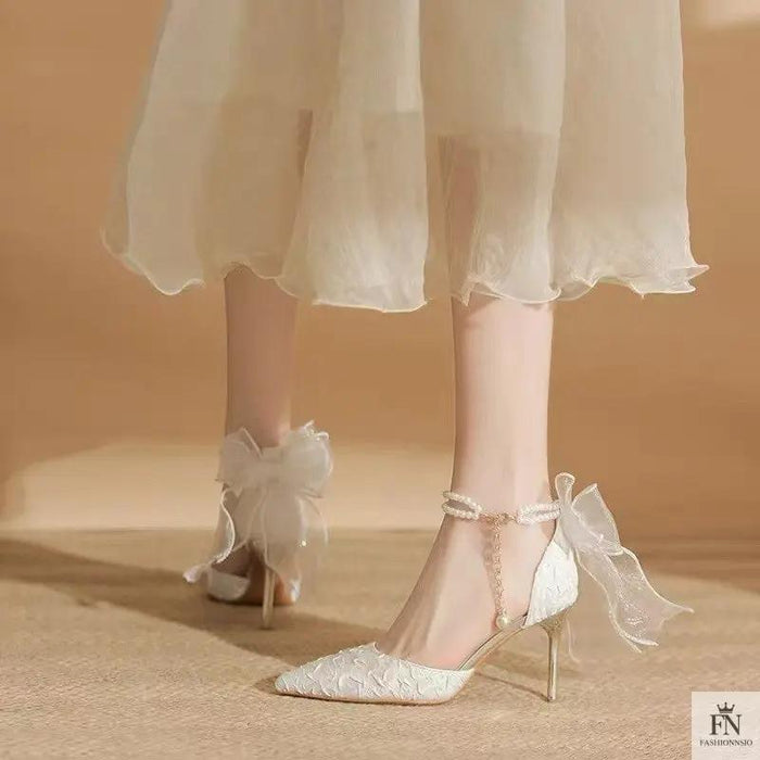 Pearl Strap Ribbon Bow Heels - Fashionnsio