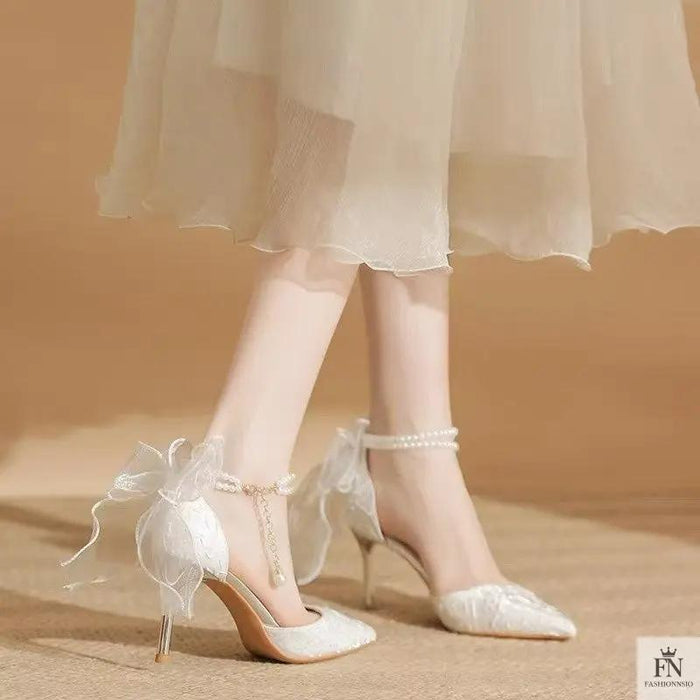 Pearl Strap Ribbon Bow Heels - Fashionnsio