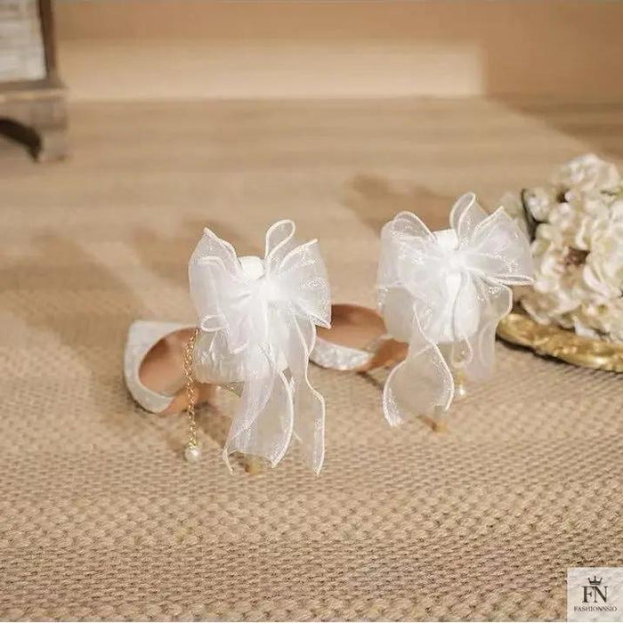 Pearl Strap Ribbon Bow Heels - Fashionnsio