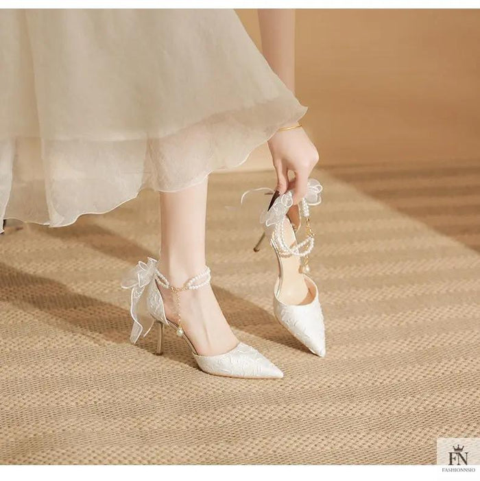 Pearl Strap Ribbon Bow Heels - Fashionnsio