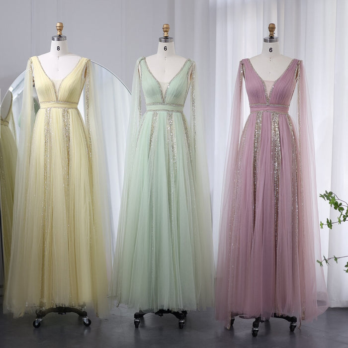 Pink Evening Dress with Cape Sleeves Elegant Sage Green Wedding Party Gowns SS010