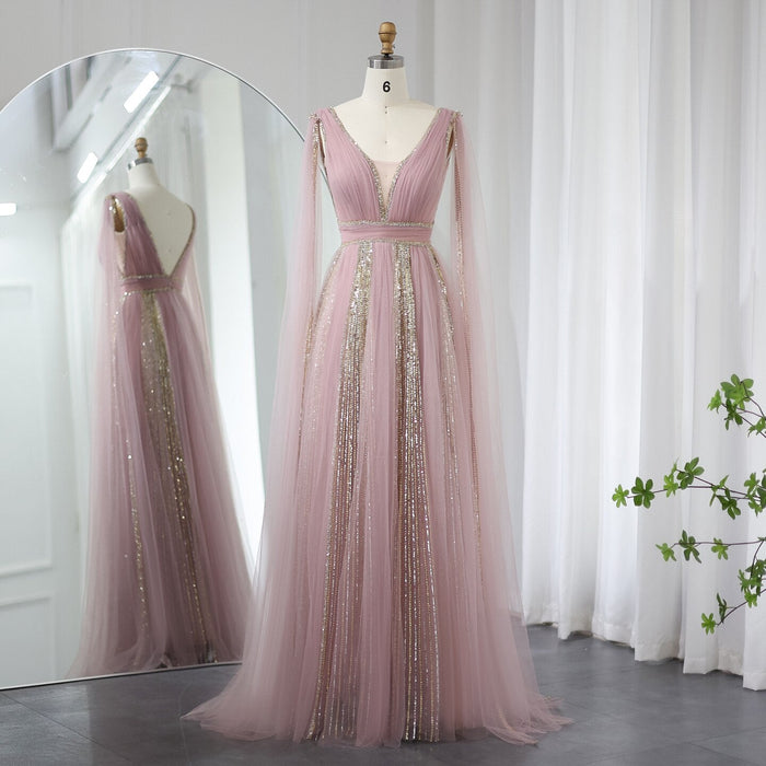 Pink Evening Dress with Cape Sleeves Elegant Sage Green Wedding Party Gowns SS010