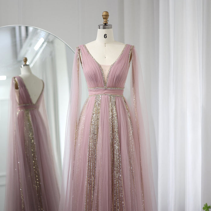 Pink Evening Dress with Cape Sleeves Elegant Sage Green Wedding Party Gowns SS010