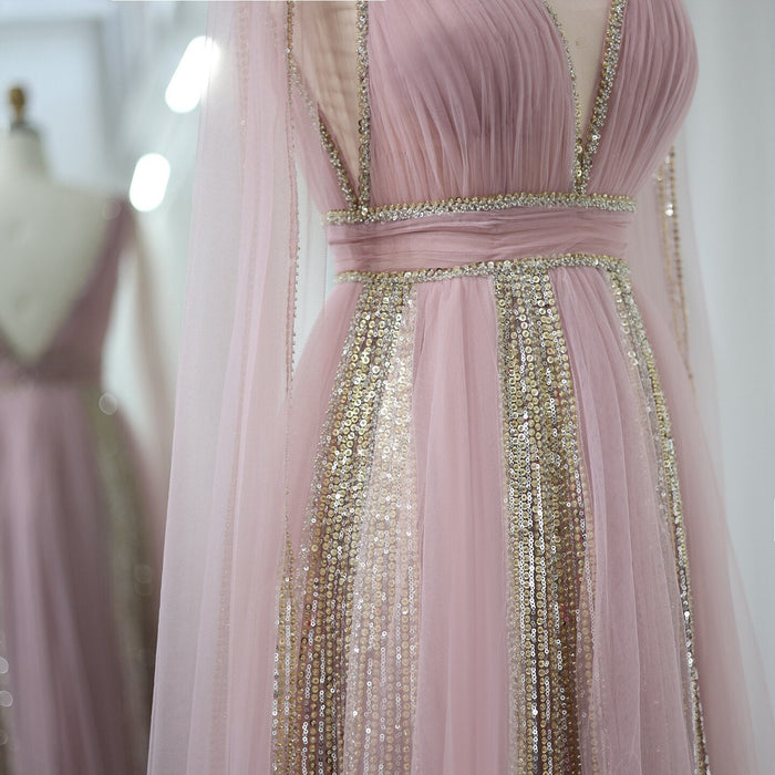 Pink Evening Dress with Cape Sleeves Elegant Sage Green Wedding Party Gowns SS010