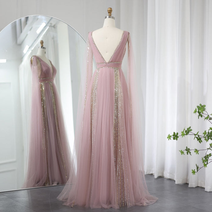 Pink Evening Dress with Cape Sleeves Elegant Sage Green Wedding Party Gowns SS010